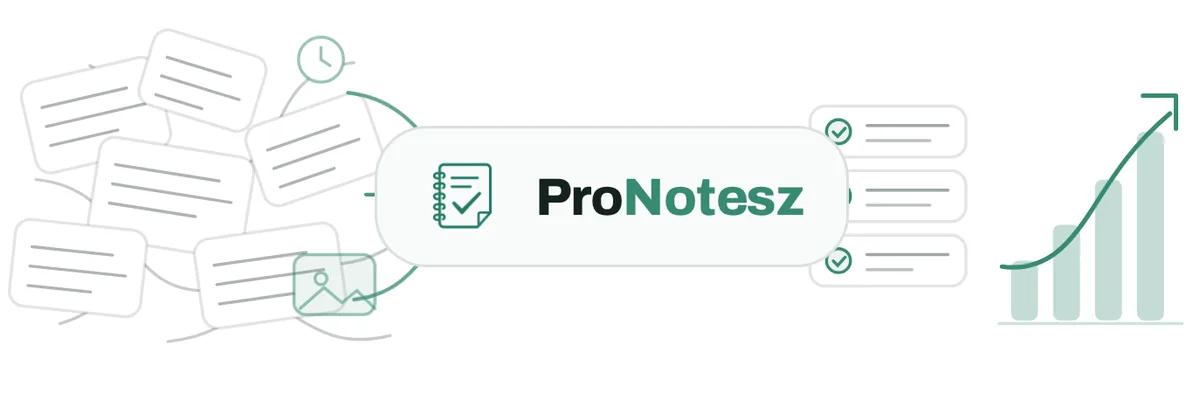 Illusztráció: szétszórt papírok, jegyzetek és határidők a ProNotesz rendszerébe rendeződnek, onnan rendezett működés és felfelé tartó növekedés indul