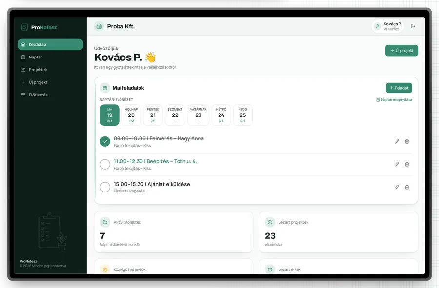 ProNotesz irányítópult laptop képernyőképe