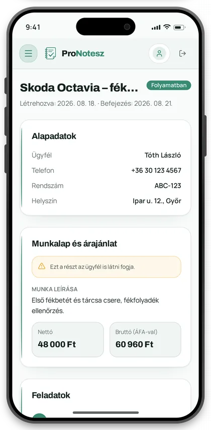 ProNotesz projekt részletes oldala iPhone-on