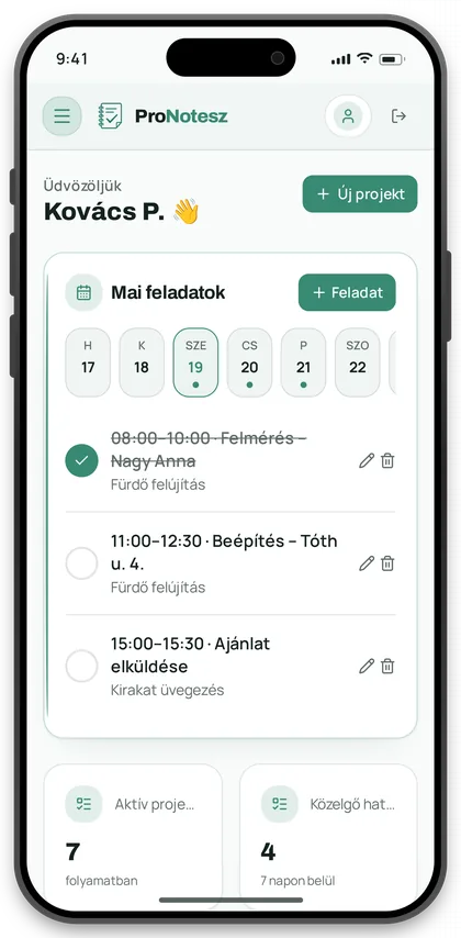 ProNotesz kezdőlap – Mai feladatok iPhone-on