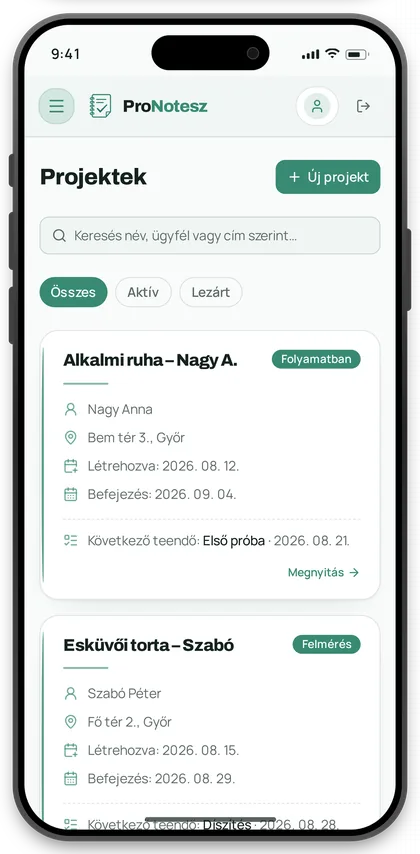 ProNotesz projektek lista iPhone képernyőképe
